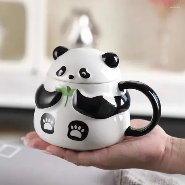 Tazas Tazas de café con tapa de Panda lindo, Taza de cerámica para niñas y niños, taza de té de la leche para agua, artículos para beber para el hogar y la Oficina, regalos de Navidad de 450ml