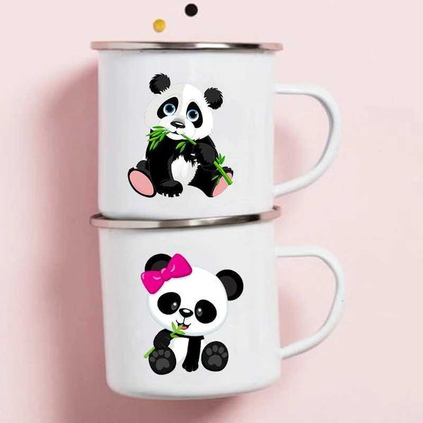 Tazas Lintas tazas de esmalte con estampado de panda Taza de agua de té de té de acero inoxidable Taza Kawaii Cofee Cups para sublimate Drinkware Friends 240410