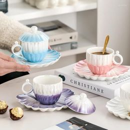 Tazas lindas tazas de café con cáscara de perla con platillo 3d cerámica té desayuno botella de agua para niña cumpleaños regalo de Navidad pareja tazas