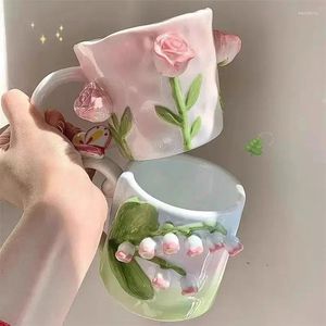 Tasses Mignon rose fille en relief tasse à thé en céramique lait eau boisson tulipes peintes à la main carillons fleurs tasse à café tasses cadeaux de vacances