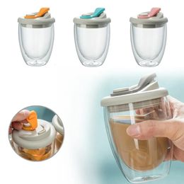 Tasses Tasse d'eau portative mignonne verre à Double paroi avec couvercle anti-fuite tasses à café isolées transparentes tasse de jus de thé au lait vaisselle 231120