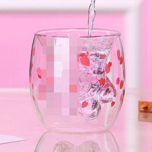 Tasses Mignon Sakura Chat Patte Griffe Coupe Floral Cerise Double Couche Verre Café Lait Tasse Dessin Animé Transparent Kawaii Cadeau pour Noël 221122