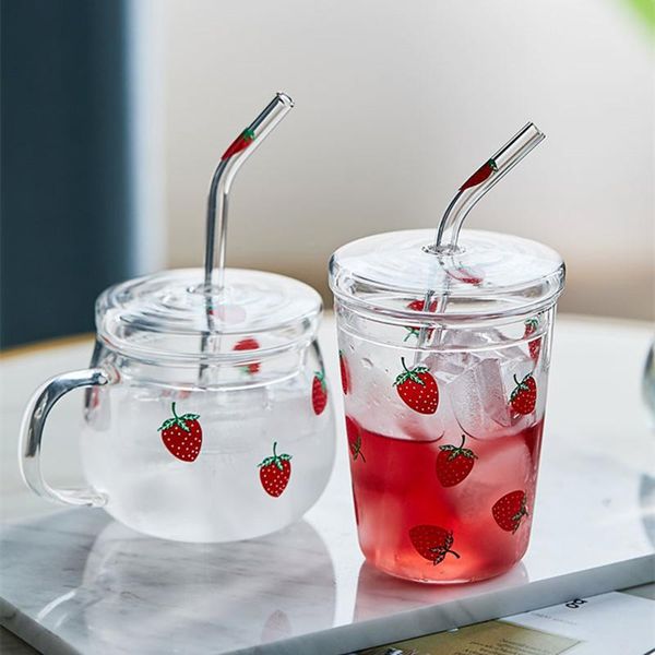 Tasses en verre de fraise mignon avec résistance à la paille, tasse d'eau de petit déjeuner à haute température, Kawaii, tasses de café, de jus de lait, cadeaux