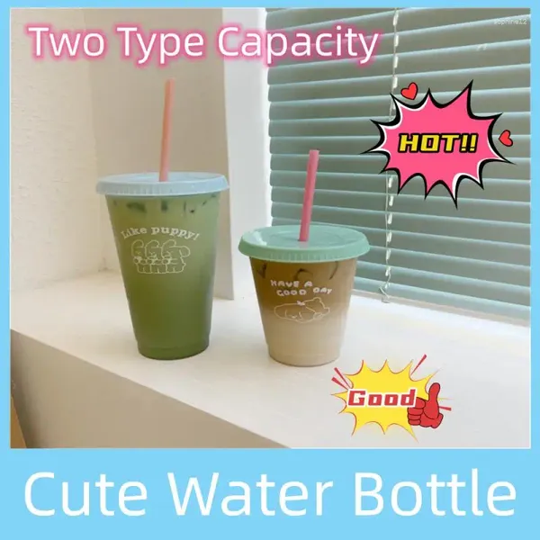 Tazas linda botella de agua para jugo de café té té kawaii tazas frías de plástico con tapa paja portátil reutilizable BPA gratis