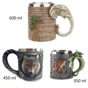 Tasses décoratives en 3D avec animaux, Dragon, éléphant, loup, tasse à bière en acier inoxydable, décoration créative, récipient à boissons