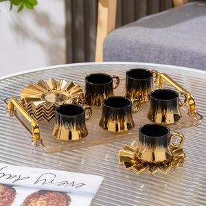 Mokken Ontwerp 90Ml Luxe 6 Stuks Set Zwart Goud Marmer Keramische Mok Custom Logo Koffie Kopjes En Schotel Met geschenkdoos