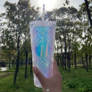 Tasses Diamond Radiant Straw Cup avec couvercle 701800ml Summer Cold Water Cup Tumbler avec paille Double couche en plastique Durian Coffee Mug Z0403