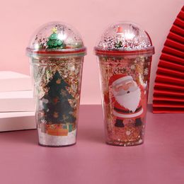 Tasses Double tasses de paille en plastique dessin animé noël bouteille d'eau pour enfants cadeaux de noël tasses voyage thé enfants tasses Drinkware livraison directe 230904