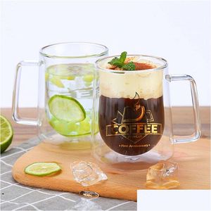 Tasses Double paroi tasse bureau avec poignée chaleur insation café 200 ml 300 ml tasse en verre verres cadeaux de lait pour livraison directe maison jardin Dhftx