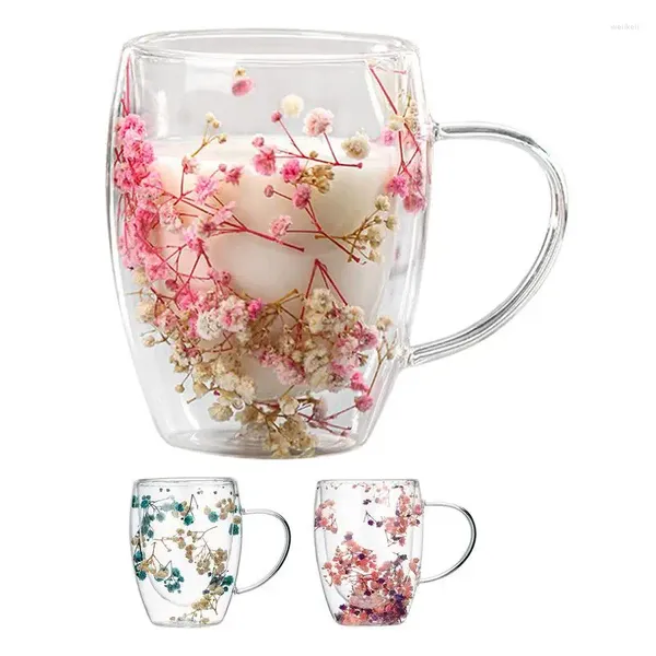Tasses fleurs séchées Double paroi tasse en verre tasse à café isolée fleur décorative expresso Drinkware cadeau