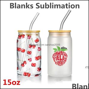 Tasses Verres Cuisine Salle À Manger Bar Maison Jardin 15Oz Sublimation Verre Bière Avec Couvercle En Bambou St Gobelets Diy Blancs Givrés Transparents Peut Tasses H