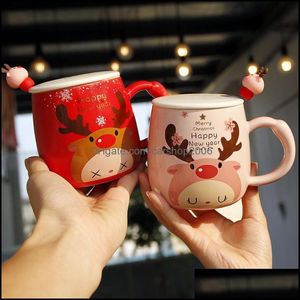 Mokken Drinkware keuken eetbar home tuin kerstcadeau cartoon schattige cups fawn bedrukte deksel lepel creatief mooie koppels por dhmow