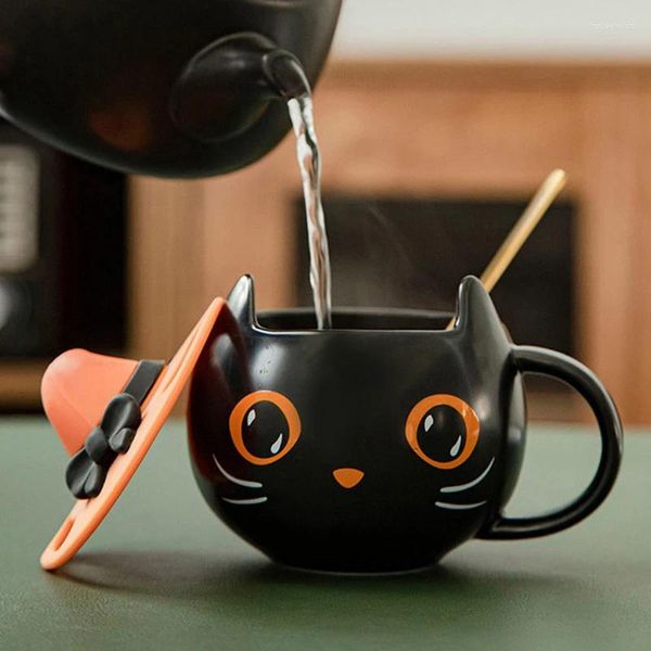 Edición de tazas, taza de gato negro misterioso, cuchara de calabaza de Halloween con tapa, taza bonita personalizada, café, té, regalo de Navidad