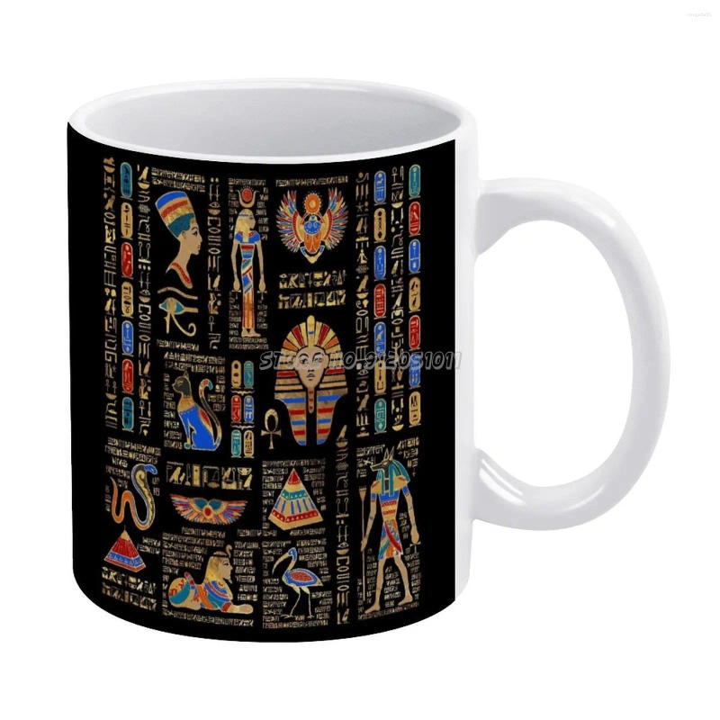 Tasses égyptiennes et divinités sur tasse blanche 11 oz en céramique de thé en céramique tas de lait égyptien pharaon ancien Caire Anubis Gold Deiti