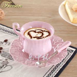 Tasses élégantes cuillères à café rose rose ensemble Set Europe Princesse en céramique tasse de thé 180 ml haut en porcelaine tasse tasse de thé.