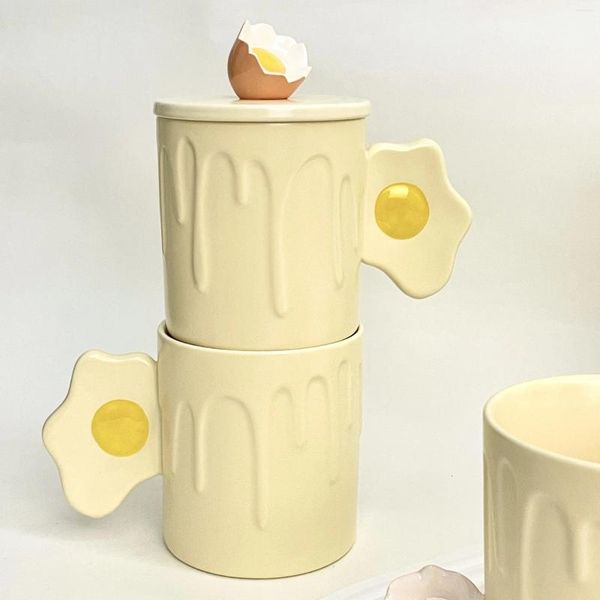 Tasses en relief marque d'oeuf avec couvercle et cuillère dessin animé mignon Macaron céramique Morandi maison étudiant petit déjeuner lait tasse à café