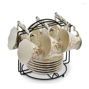 Mokken Engelse prachtige koffieset Bone China Cups en schotels met lepels bekerhouder keramische thee voor 6 personen