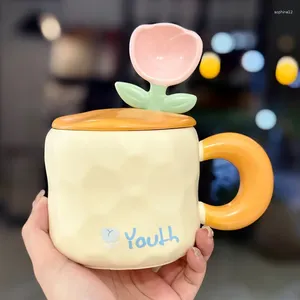 Tazas especialmente bonitas taza de flores de cerámica con tapa cuchara para el hogar desayuno para el hogar leche avena café café