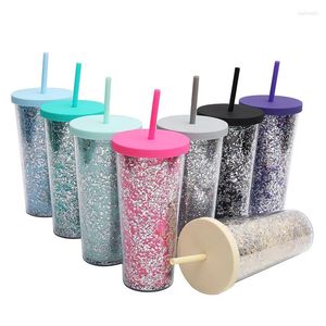 Mokken Euro-Amerikaanse Glitter Cup Dubbele wandtuimelaar 700 ml 710 ml 22oz 24oz Plastic koffie met dekselwaterstro