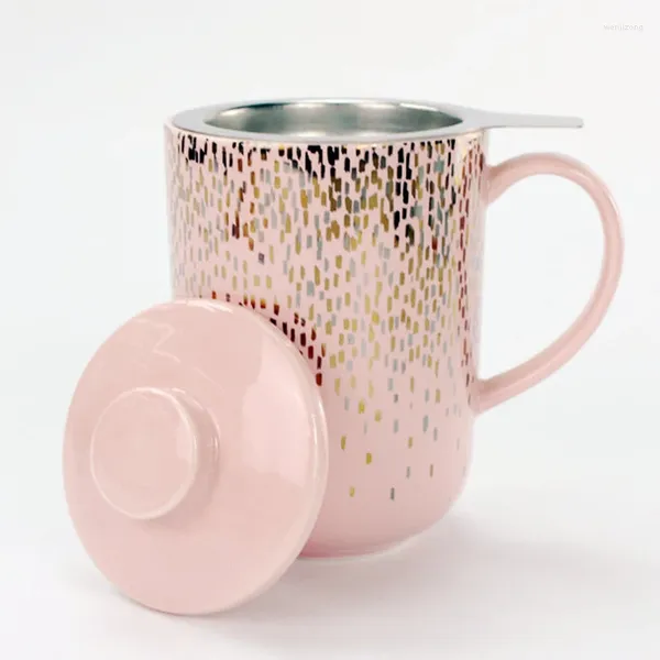 Tazas Exquisitas tazas de té de cerámica rosadas Tazas de café con tapas y filtros elegantes para damas