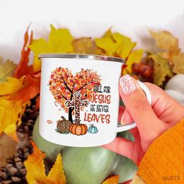 Tazas Fall for Jesus He Never Leaves Print Esmalte Tazas Tazas de café Fiesta de acción de gracias de otoño Taza de jugo Postre Manija de cacao Taza Regalos R230713