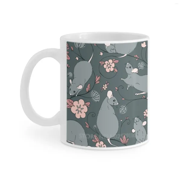 Tasses Floral Rat gris foncé et rose blanc, tasse à café, thé, lait, cadeau d'anniversaire, animal de compagnie fantaisie, Ratty Ratto, rongeur, souris