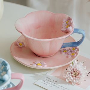Mokken Flower schattige koffiekopje en schotel espresso thee keramische Noordse vintage matcha latte xicaras drinkware wk50dc 230815