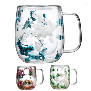 Mokken Flower Tea Cup Dubbele muur Gedroogde heldere bloemen Glas Versierde koffiemokmok