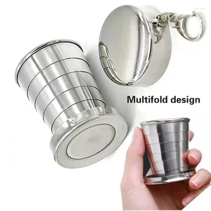 Tazas Taza portátil de copa de acero inoxidable plegable para té con llavero al aire libre Café de metal de viaje Vino retráctil