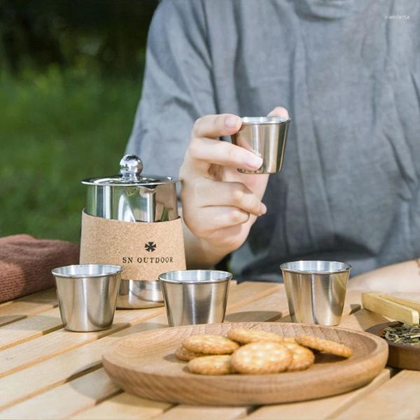 Tasses de qualité alimentaire en acier inoxydable, ensembles complets portables de voyage, service à thé d'extérieur, Simple Camping, un Pot, quatre tasses, tasse rapide