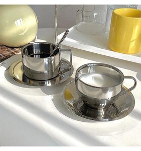 Tasses French Retro Coffee tasse et soucoupe Ensemble de style industriel en acier inoxydable petite pose exquise vlog