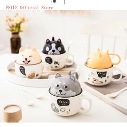 Mokken FSILE 350ml Kawaii Shiba Inu Mok Leuke Cartoon Keramiek Met Deksel en Lepel Koffie Melk Thee Ontbijtkop Drinkware Geschenken 231013