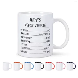 Tazas Taza de cerámica con horario semanal divertido, nombre personalizado, agua, té, leche, taza para beber para mujer, hombre, amigo, familia, niño, regalo personalizado