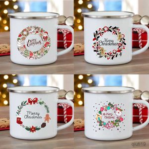 Tasses Garland Tasse imprimée Tasses en émail blanc Tasse à café Poignée Tasses à jus de bière Accueil Fête Tasse à boire Cadeau de Noël pour un ami de la famille R230713