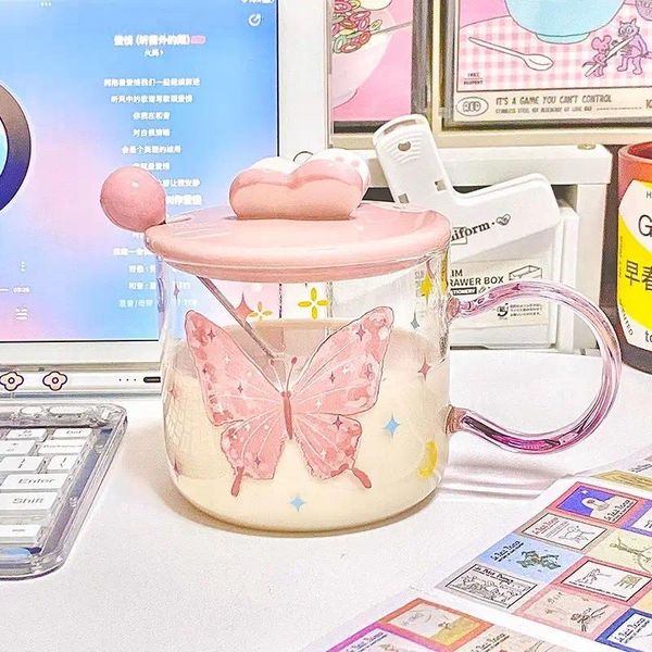 Tazas Caza de vidrio de corazón de Girl con cuchara Tapa High Beauty Lindo Home Office Agua Calor y Temperatura Resistencia