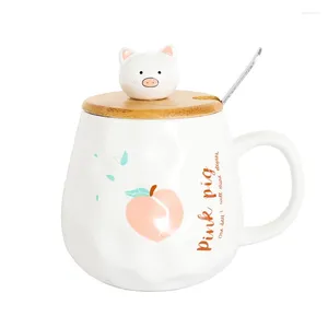 Mugs Girly Peach Coffee Mug avec mignon Pig Wood Lid cuillère 400 ml dessin animé en céramique Cappuccino tasse givrée pour la maison de bureau