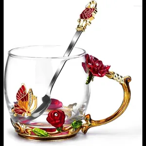 Mokken Glass Koffie Email Mok Verjaardagsgeschenken voor Mom Women Butterfly Rose Lood-Free Stock Stuffers Cup