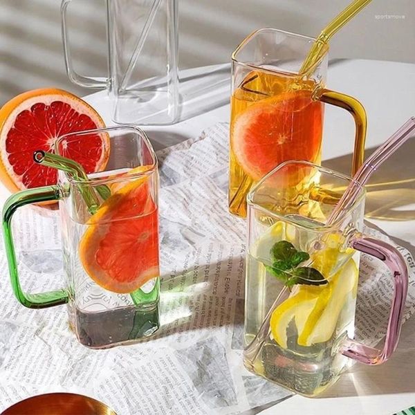 Tazas taza de vidrio con mango colorido vasos cuadrados bebidas leche de café tazas de cóctel convenientes para uso diario