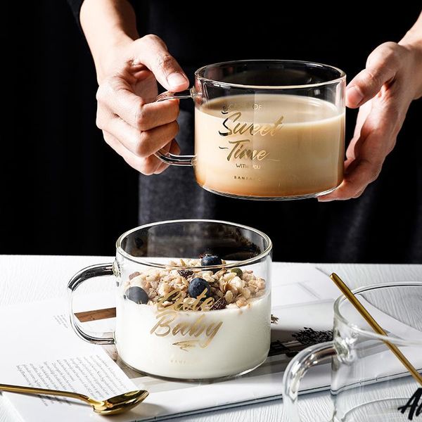 Tasses tasse en verre lettre créative grand lait jus eau tasse à café avec poignée Transparent Dessert flocons d'avoine petit déjeuner 500MLMugs