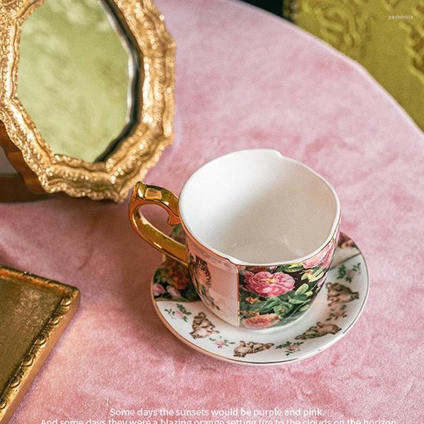 Tazas Taza de Café de Cerámica de trazo dorado con platillo, pintura clásica europea de tigre y rosa, té de la tarde, platos de postre, tazas de jugo