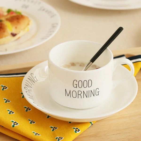 Tazas Buenos días Carta impresa Cerámica de porcelana de huesos con bandeja de mano Breve desayuno té 1 taza blanca simple