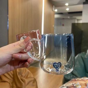 Mokken Gradiënt Kleur Hittebestendig Hartvormige Bodem Glas Water Cup Hoge Waarde Transparant Met Handvat Mok Paar Water Cup R230712