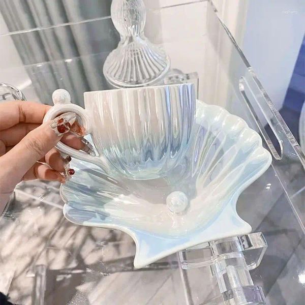 Tasses à coquille dégradée, tasses et soucoupes en céramique, pour la maison, le petit déjeuner, le thé, le café, cadeau de vacances, décoration artisanale abstraite