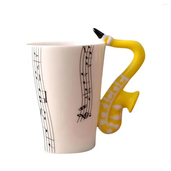 Tazas de estilo de guitarra copas elegantes y duraderas tazas de cerámica té musica novedosa nota taza de leche saxofones amarillos 10x7.5cm