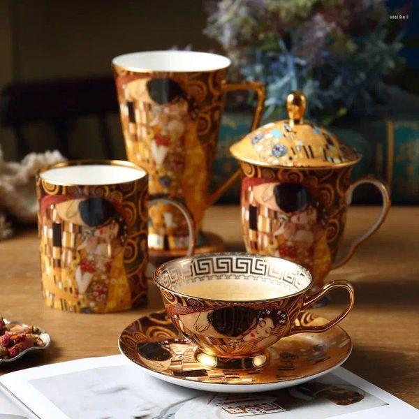 Tazas Gustav Klimt Bone China Coffee Cafe Cake Juego de té de té de porcelana de lujo Taza con té con cubierta de tapa Vedina de boda Presente Decoración del hogar