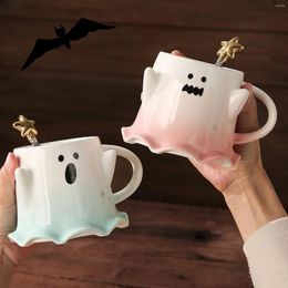 Tasses Halloween Mug Set 460ml Ghost Micro-ondes Safe Funny Coffee Cup avec cuillère / couvercle cadeau pour les décorations de fête