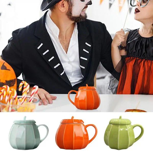 Tazas Taza de cerámica en forma de calabaza de Halloween Taza de sopa con tapa Agua creativa Tazón de leche de café decorativo