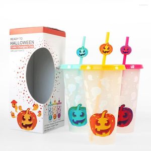 Tasses Halloween réutilisables avec pailles, tasse d'eau en plastique créative, ensemble de trois pièces, cadeau amusant à couleur froide changeante