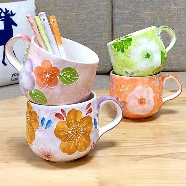 Tasses Tasse À Café Colorée À La Main Moderne En Céramique Haut De Gamme Fleur Couple Grande Capacité Tasse Avec Cuillère Bureau Convient Au Four À Micro-Ondes