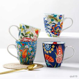 Tasses de petit déjeuner en céramique peintes à la main 550 ml grande capacité motif de fleur lait avoine tasse à café tasse en porcelaine blanche exquise R230713